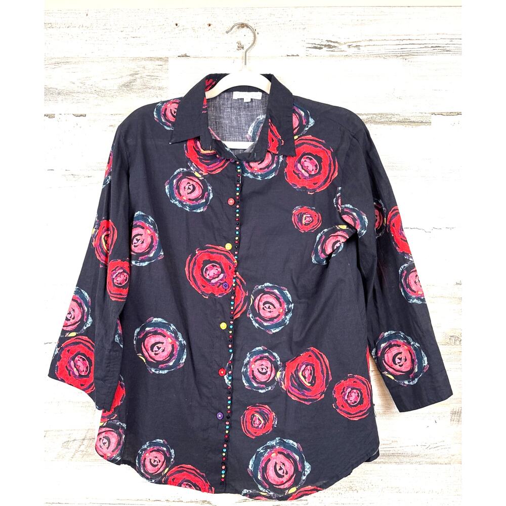 Modaposa Black Pink Floral Beaded Button Up Blouse Womens M Boho Chic